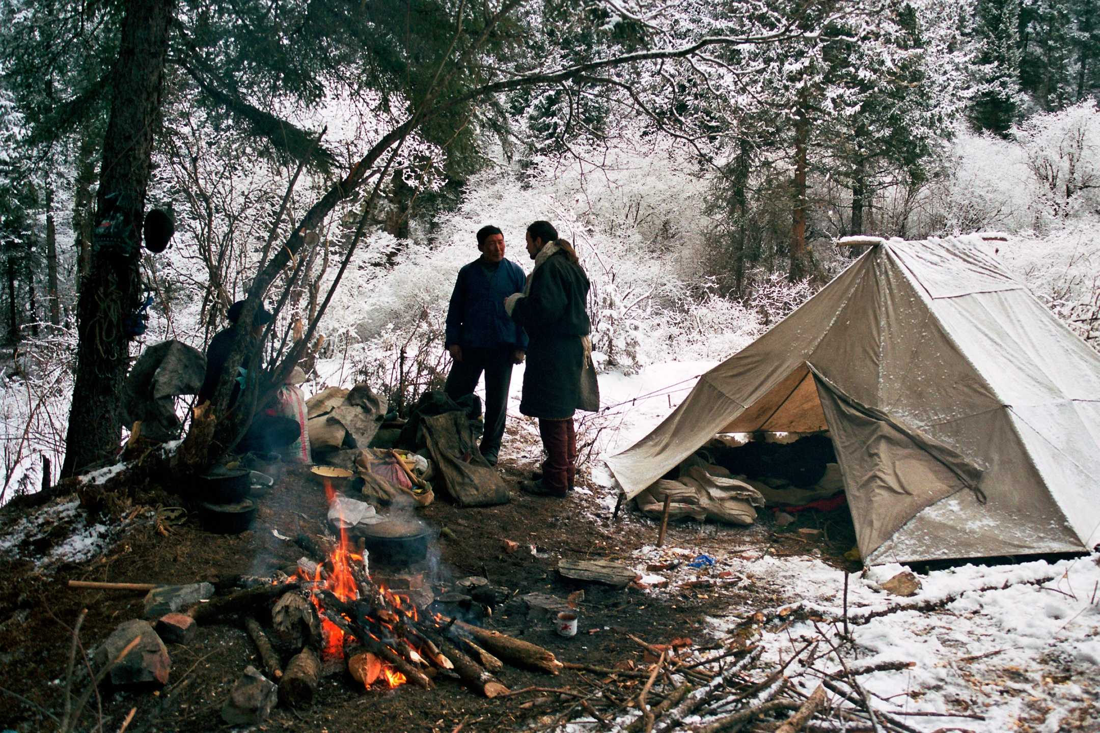 Photo : Bivouac en montagne dans la neige, Parc Naturel National de Jiuzhaigou, Sichuan, Chine.