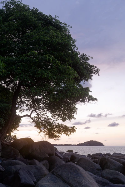 Photo : Rochers de la Plage de Gosselin au crépuscule.