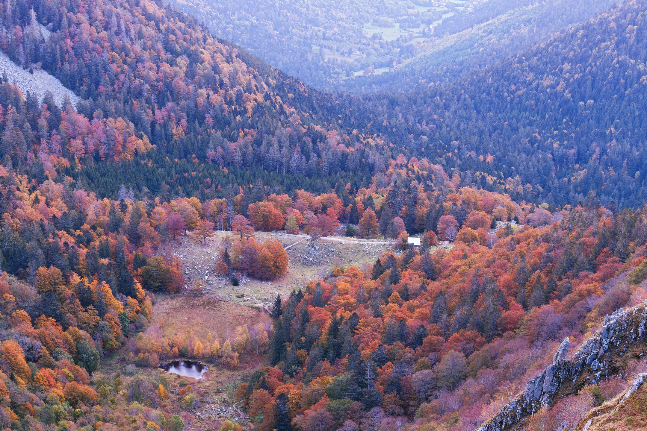 Photo : Cirque glaciaire du Frankenthal-Missheimle à l'aube à l'automne, Vosges.