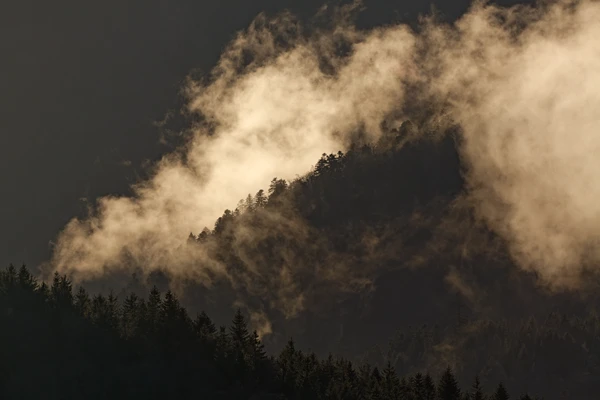 Photo : Brume en clair-obscur dans la montagne, Vosges.